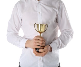 Man with golden trophy cup on white background, closeup