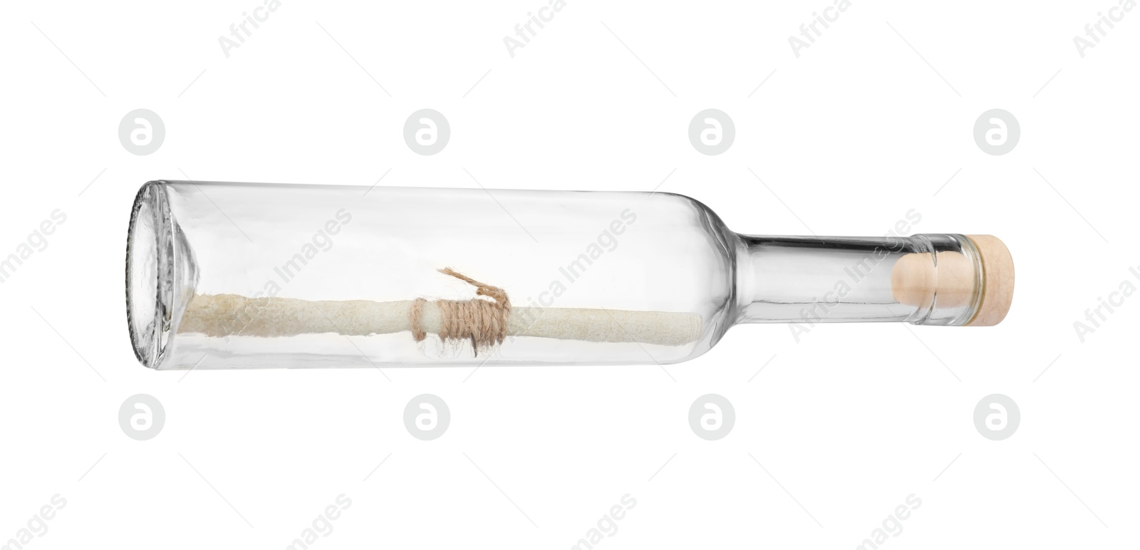 Photo of Corked glass bottle with rolled letter isolated on white