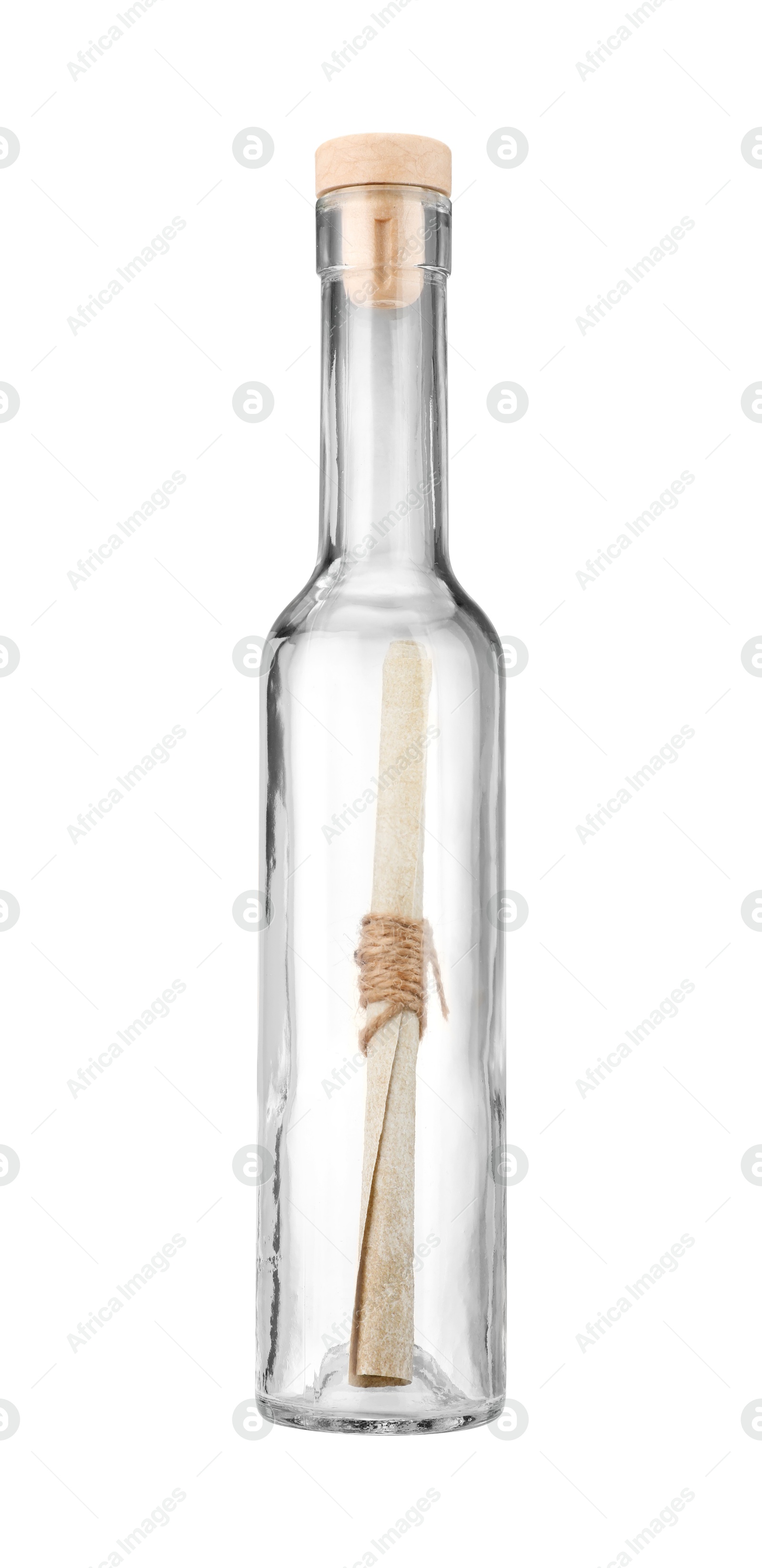 Photo of Corked glass bottle with rolled letter isolated on white