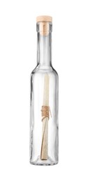 Photo of Corked glass bottle with rolled letter isolated on white