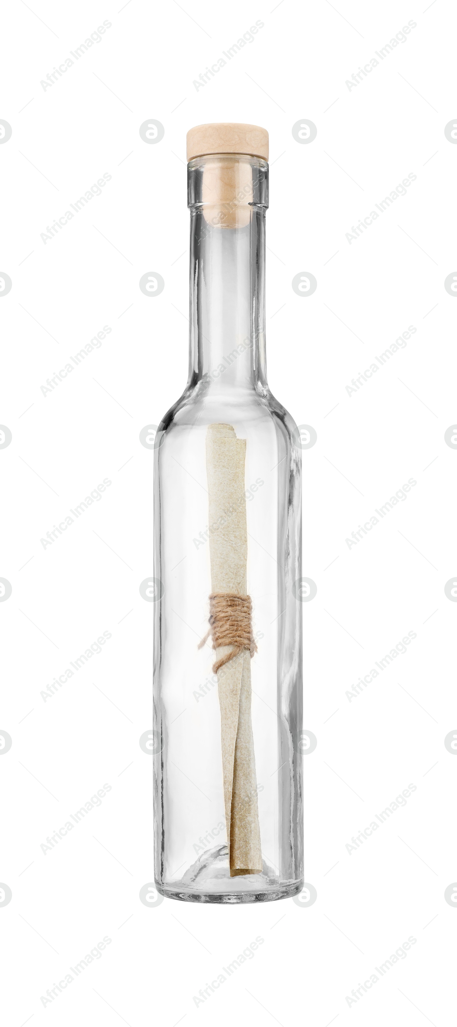 Photo of Corked glass bottle with rolled letter isolated on white