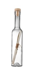 Photo of Corked glass bottle with rolled letter isolated on white