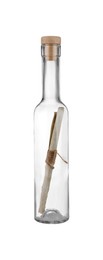 Corked glass bottle with rolled letter isolated on white