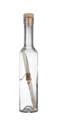 Photo of Corked glass bottle with rolled letter isolated on white