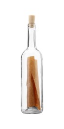 Photo of Corked glass bottle with rolled letter isolated on white