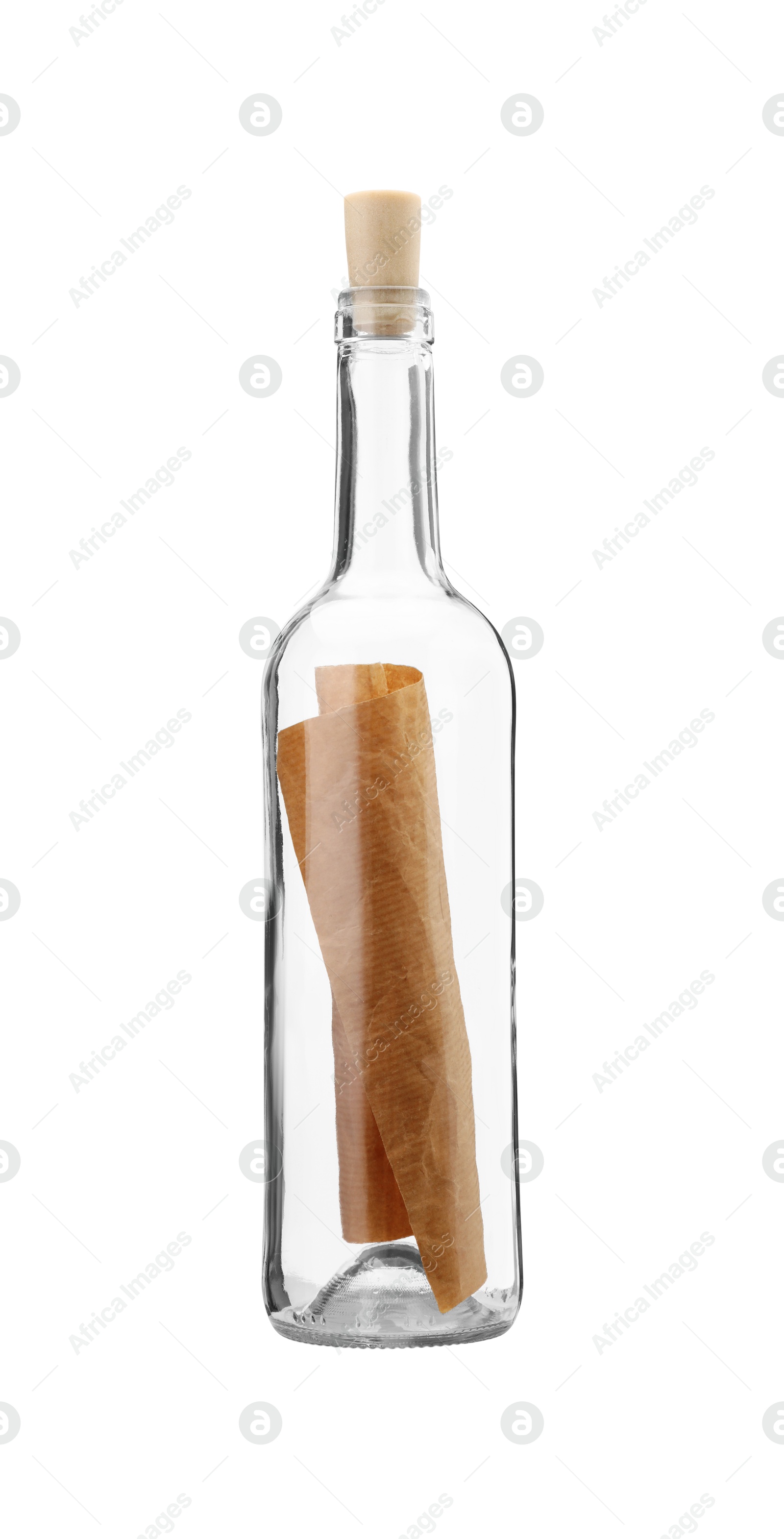 Photo of Corked glass bottle with rolled letter isolated on white