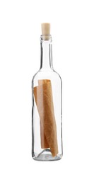 Photo of Corked glass bottle with rolled letter isolated on white