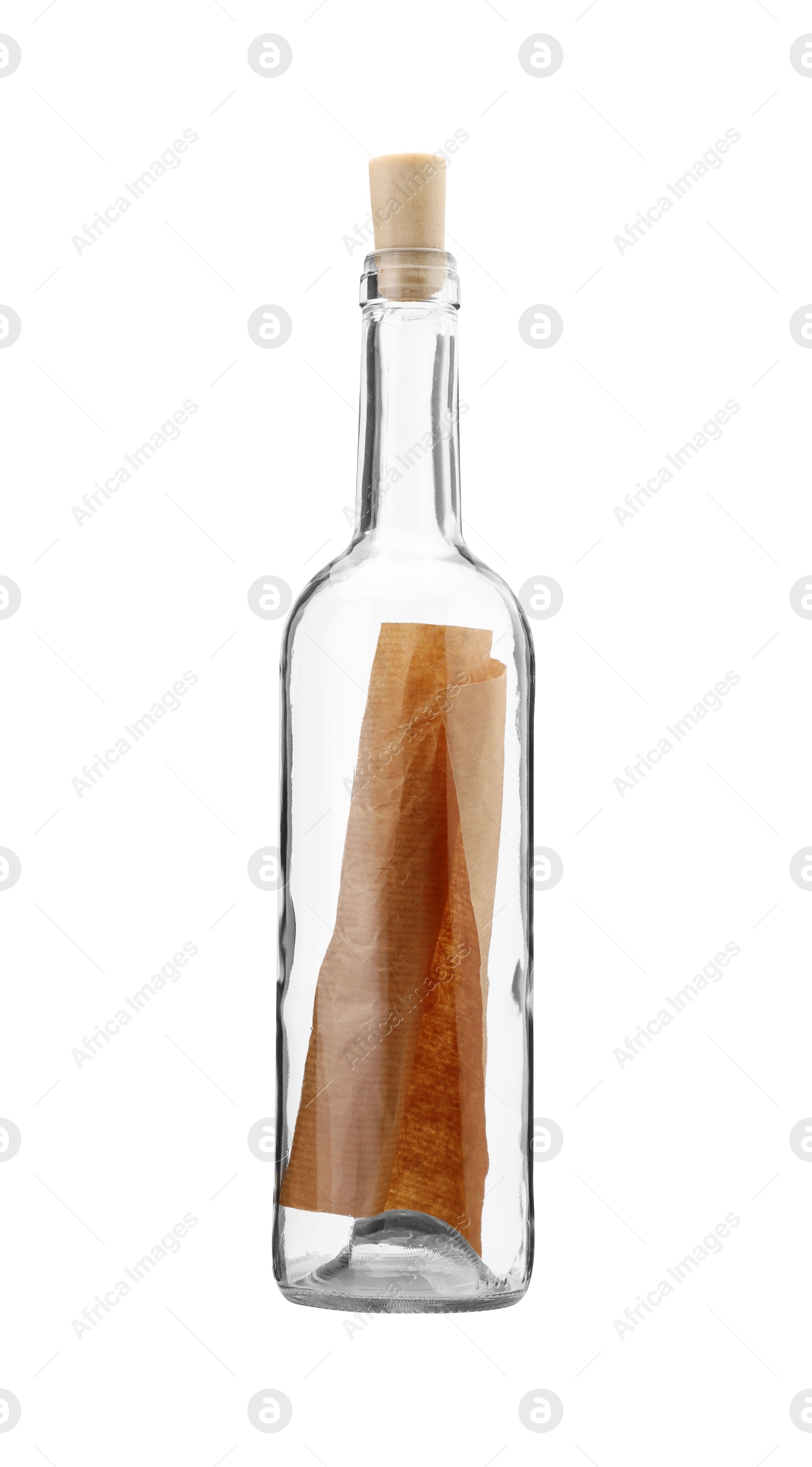 Photo of Corked glass bottle with rolled letter isolated on white