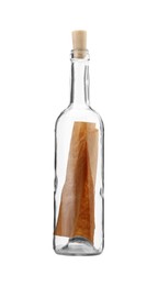 Photo of Corked glass bottle with rolled letter isolated on white