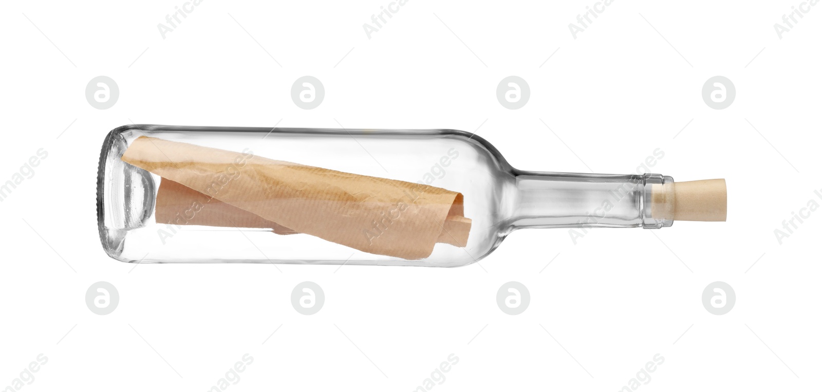 Photo of Corked glass bottle with rolled letter isolated on white