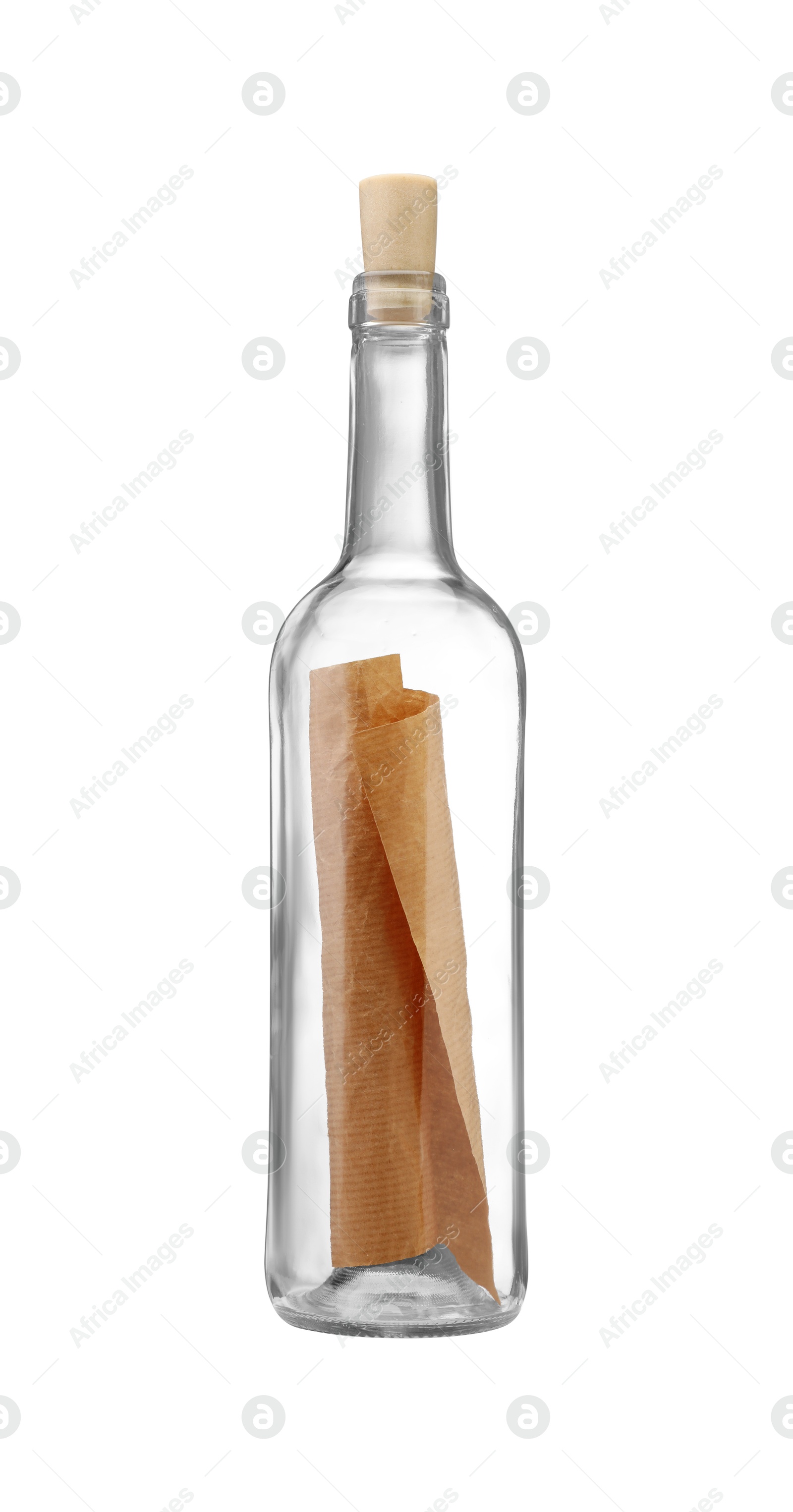 Photo of Corked glass bottle with rolled letter isolated on white