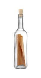 Photo of Corked glass bottle with rolled letter isolated on white