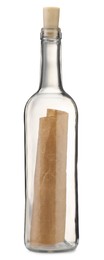 Photo of Corked glass bottle with rolled letter isolated on white