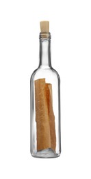 Photo of Corked glass bottle with rolled letter isolated on white