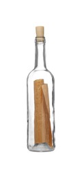 Photo of Corked glass bottle with rolled letter isolated on white