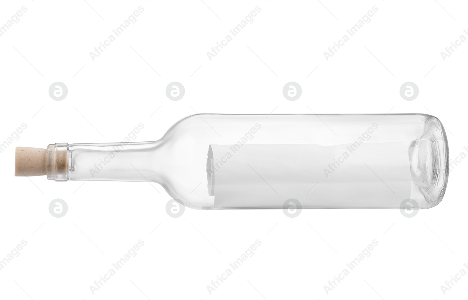 Photo of Corked glass bottle with rolled letter isolated on white