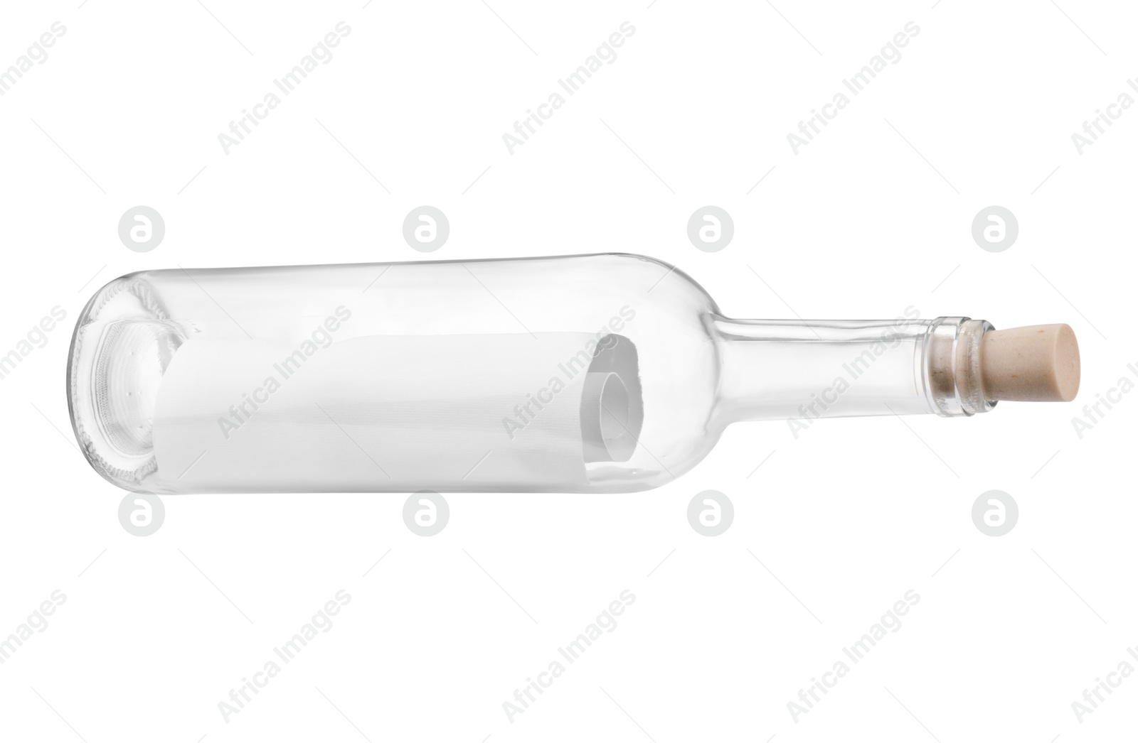 Photo of Corked glass bottle with rolled letter isolated on white