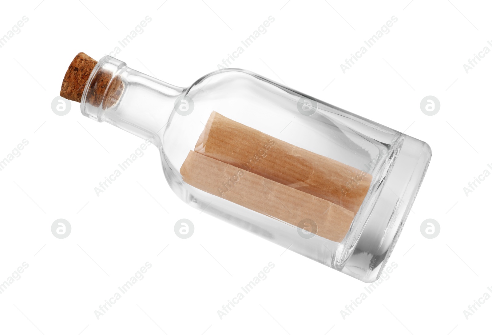 Photo of Corked glass bottle with rolled letter in air isolated on white