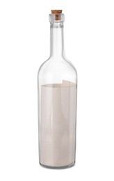 Photo of Rolled letter in corked glass bottle isolated on white