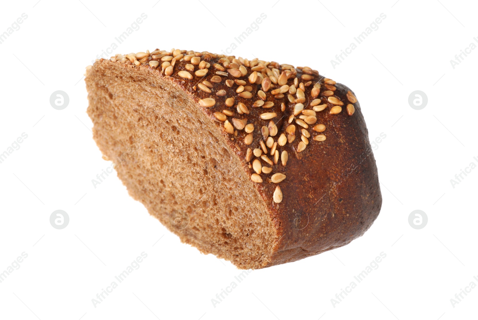 Photo of Piece of fresh baguette with sesame isolated on white