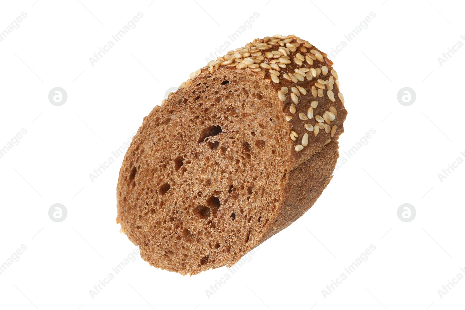 Photo of Piece of fresh baguette with sesame isolated on white