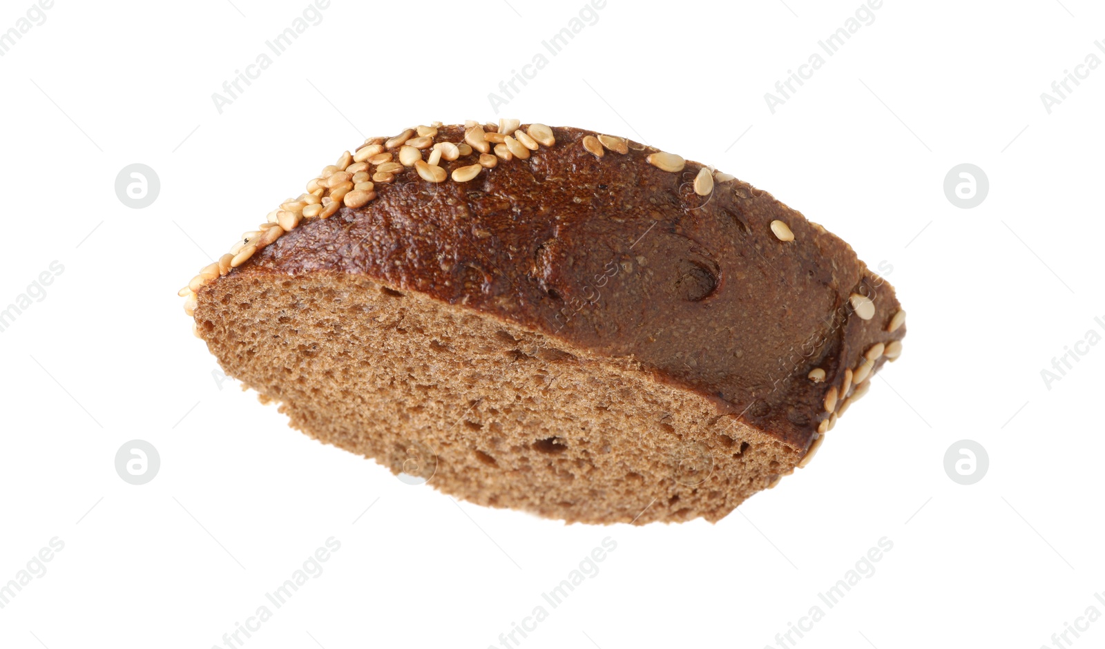 Photo of Piece of fresh baguette with sesame isolated on white