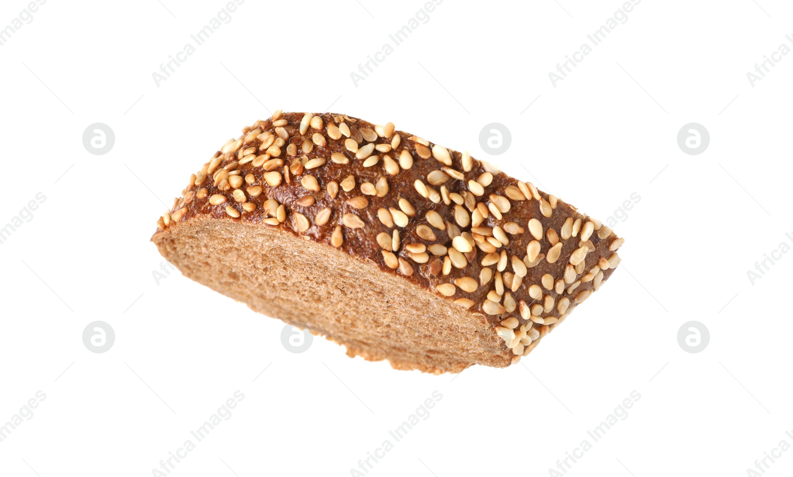 Photo of Piece of fresh baguette with sesame isolated on white