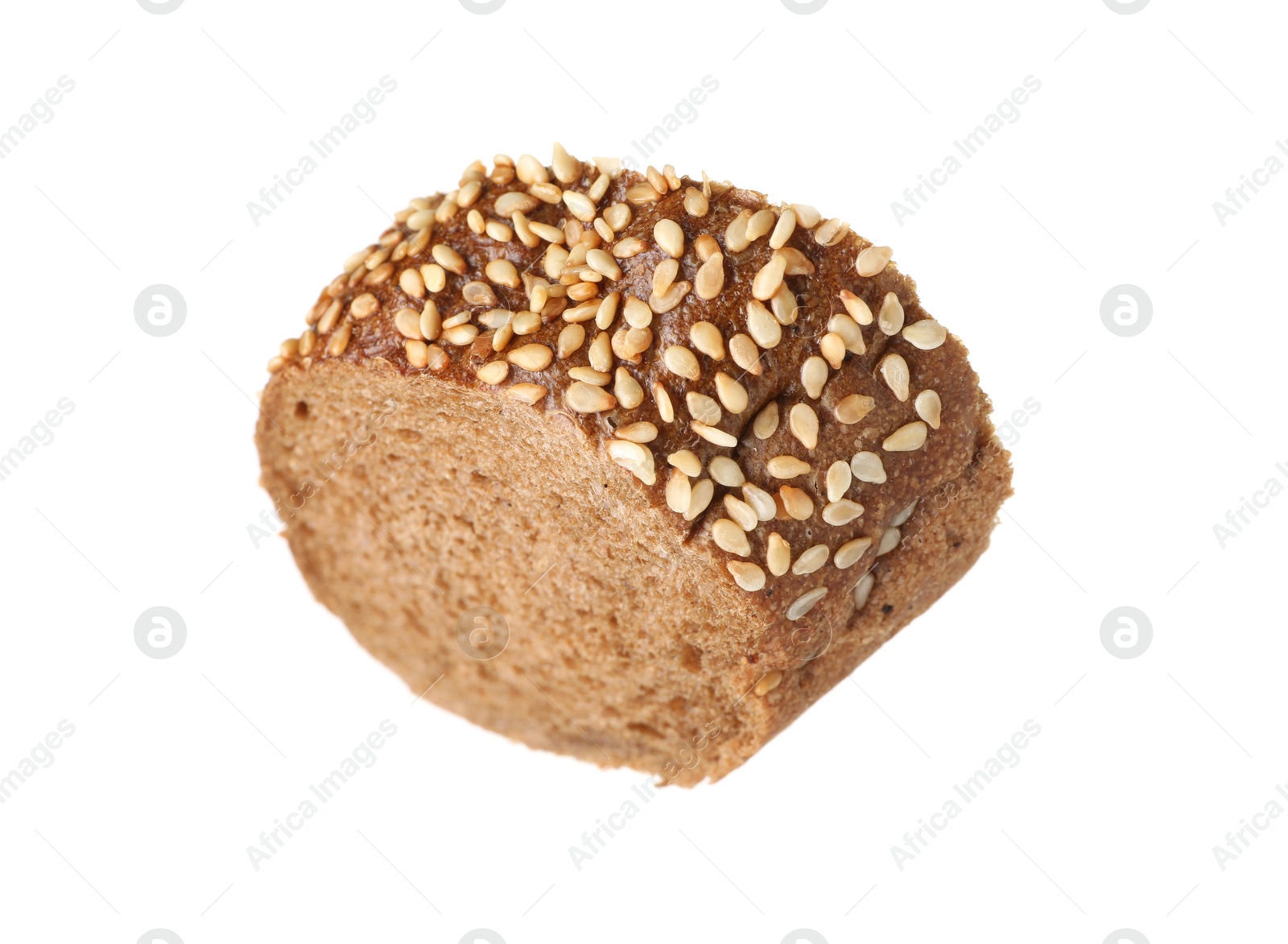 Photo of Piece of fresh baguette with sesame isolated on white