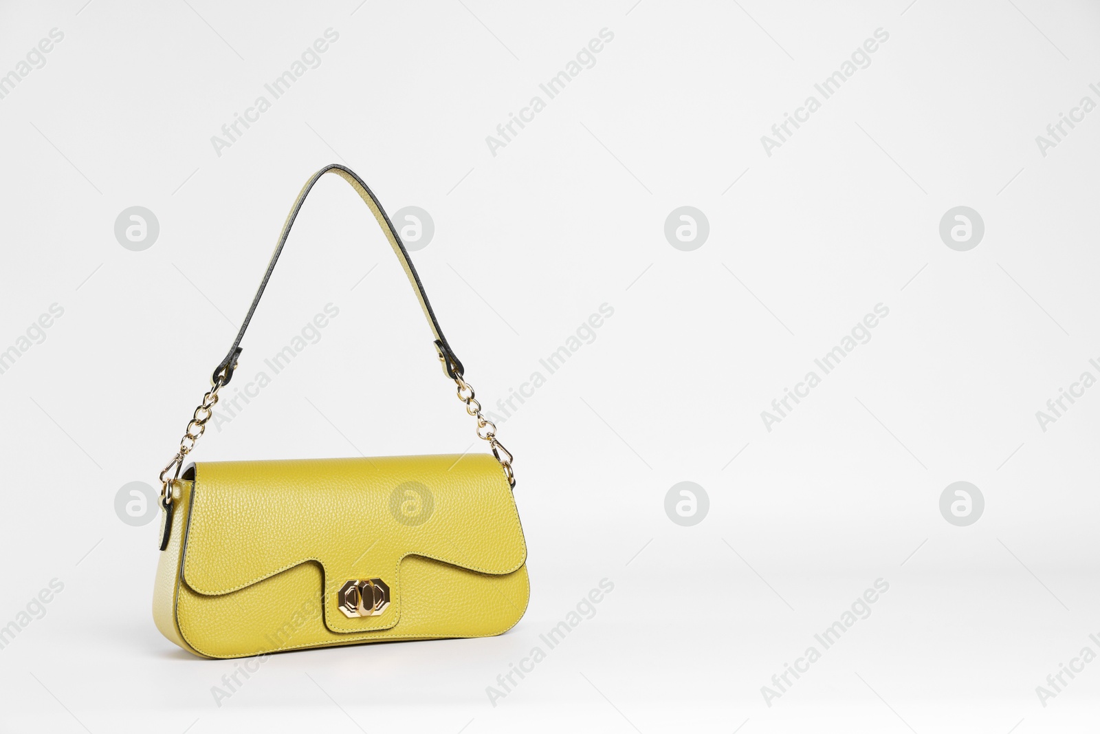 Photo of Elegant women baguette handbag on white background. Space for text