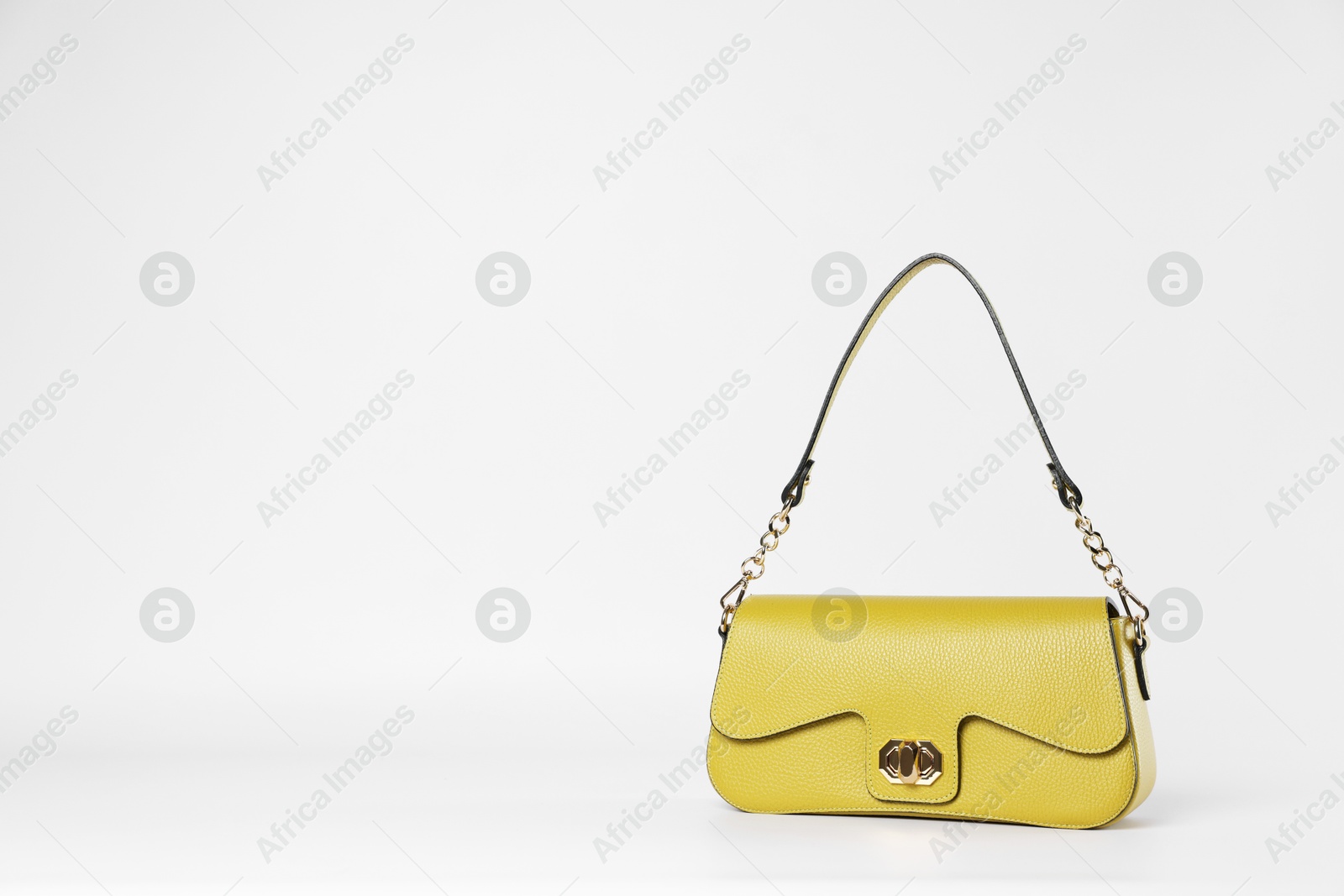 Photo of Elegant women baguette handbag on white background. Space for text