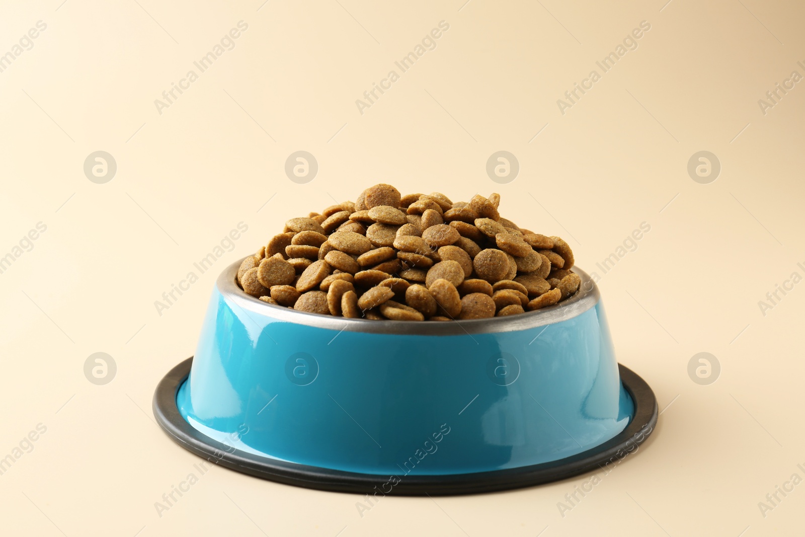 Photo of Dry pet food in feeding bowl on beige background