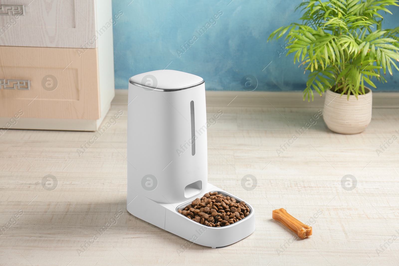 Photo of Dry pet food in automatic feeder and chew bone on floor indoors