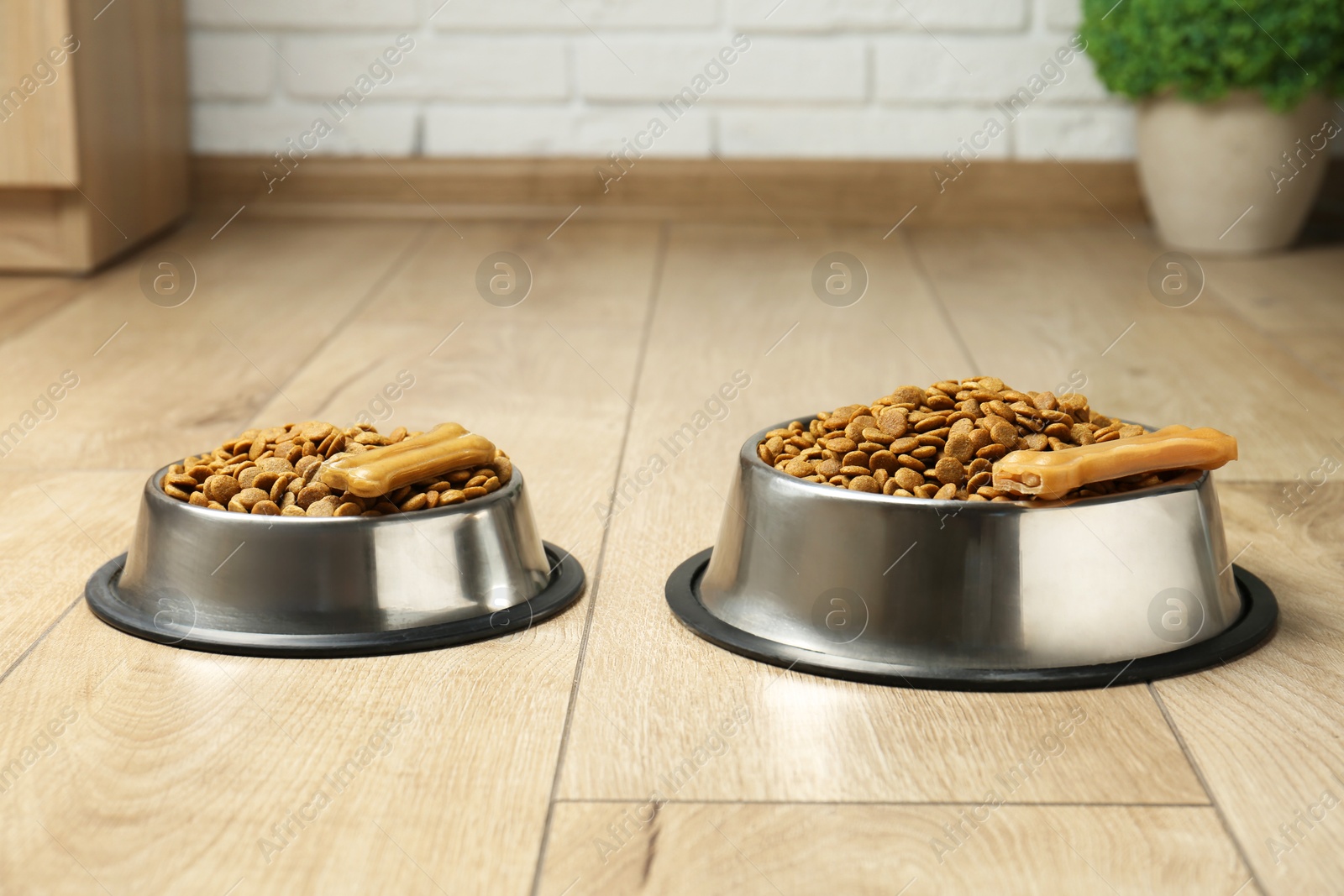 Photo of Dry pet food in feeding bowls and chew bones on floor indoors