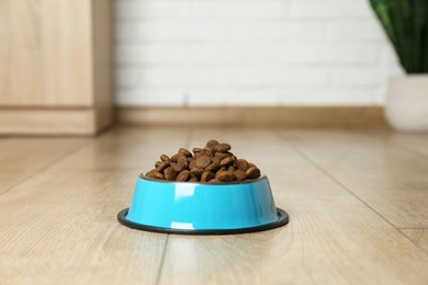 Photo of Dry pet food in feeding bowl on floor indoors