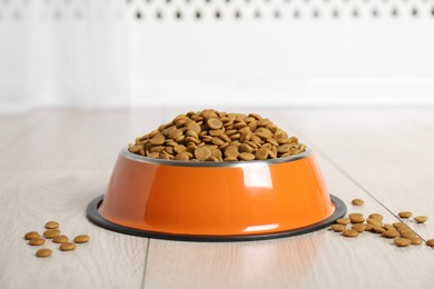 Photo of Dry pet food in feeding bowl on floor indoors