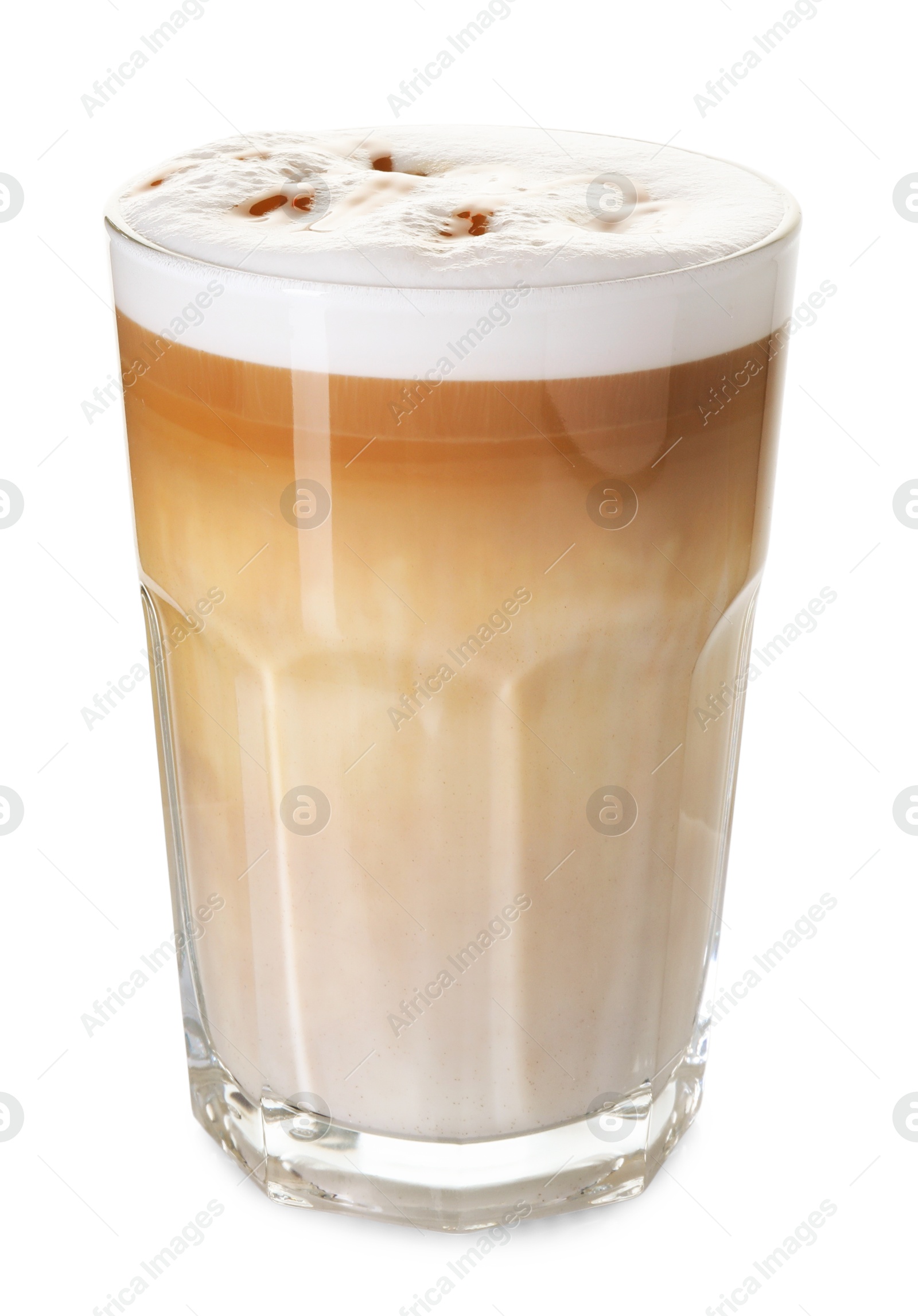 Photo of Tasty latte macchiato in glass isolated on white