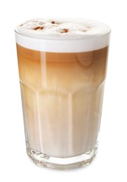 Photo of Tasty latte macchiato in glass isolated on white