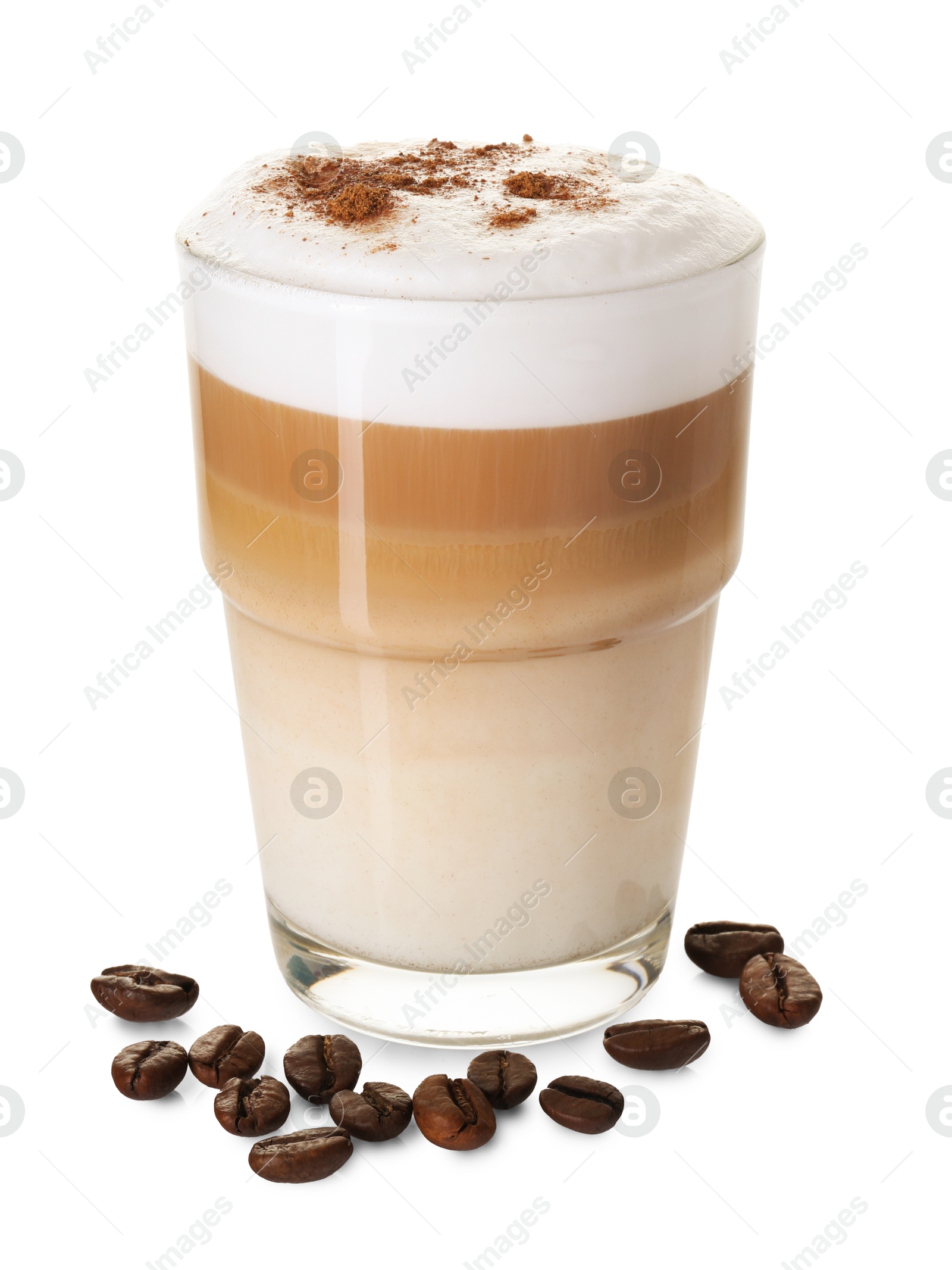 Photo of Tasty latte macchiato in glass and coffee beans isolated on white