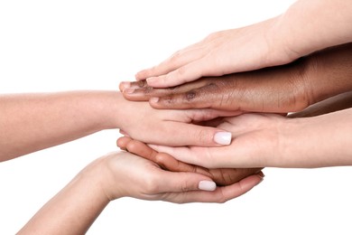 Photo of Stop racism. People of different skin colors holding hands on white background, closeup