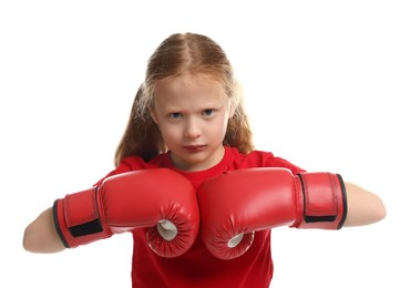 Photo of Cute little girl with boxing gloves on white background