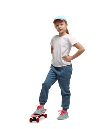 Photo of Little girl with penny board on white background