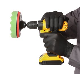 Photo of Man holding electric screwdriver with polish pad on white background, closeup