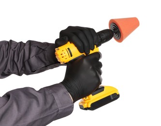 Photo of Man holding electric screwdriver with polish pad on white background, closeup