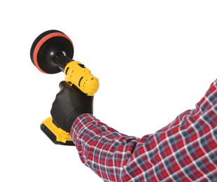 Photo of Man holding electric screwdriver with polish pad on white background, closeup