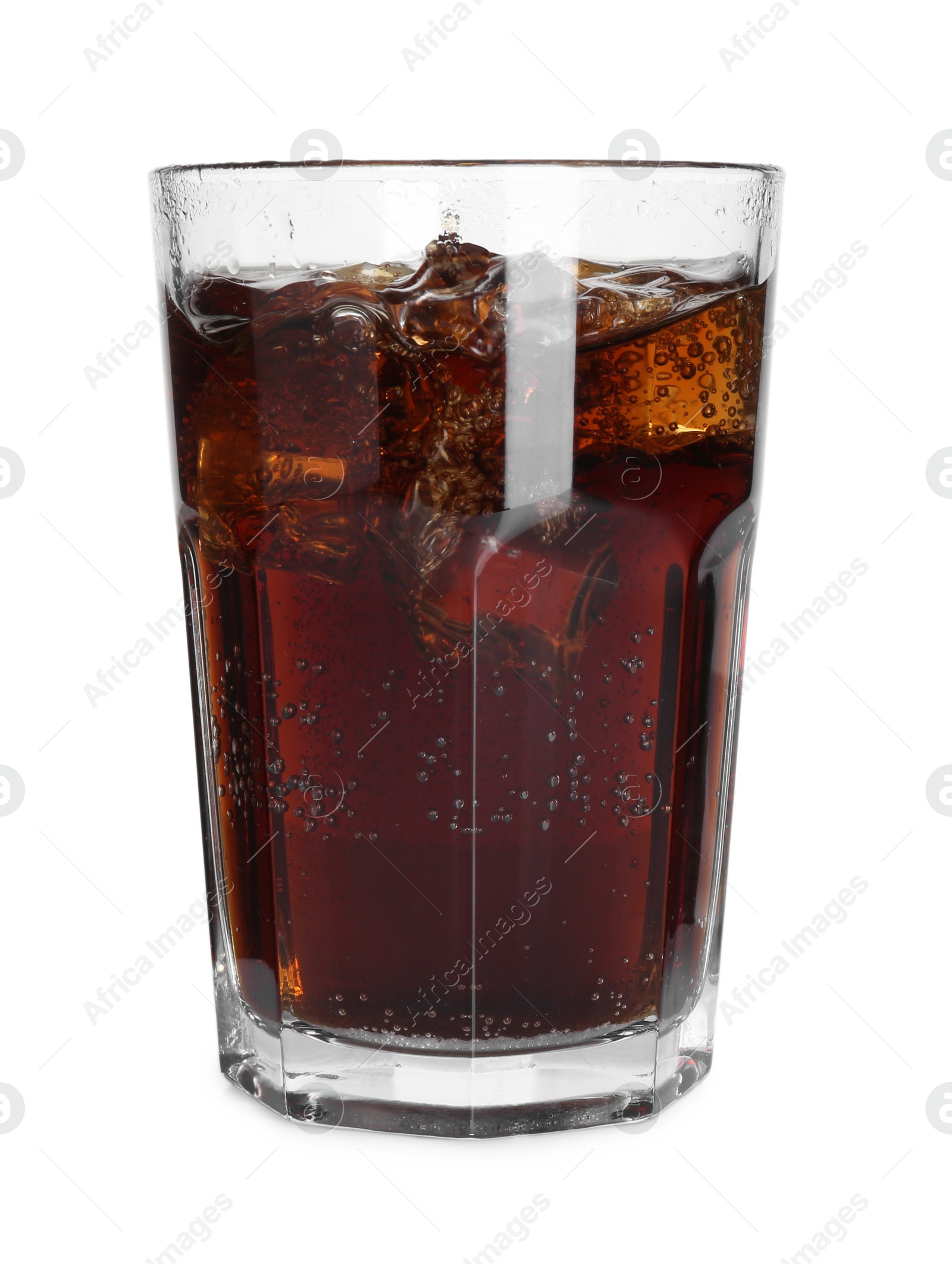 Photo of Sweet soda water with ice cubes in glass isolated on white