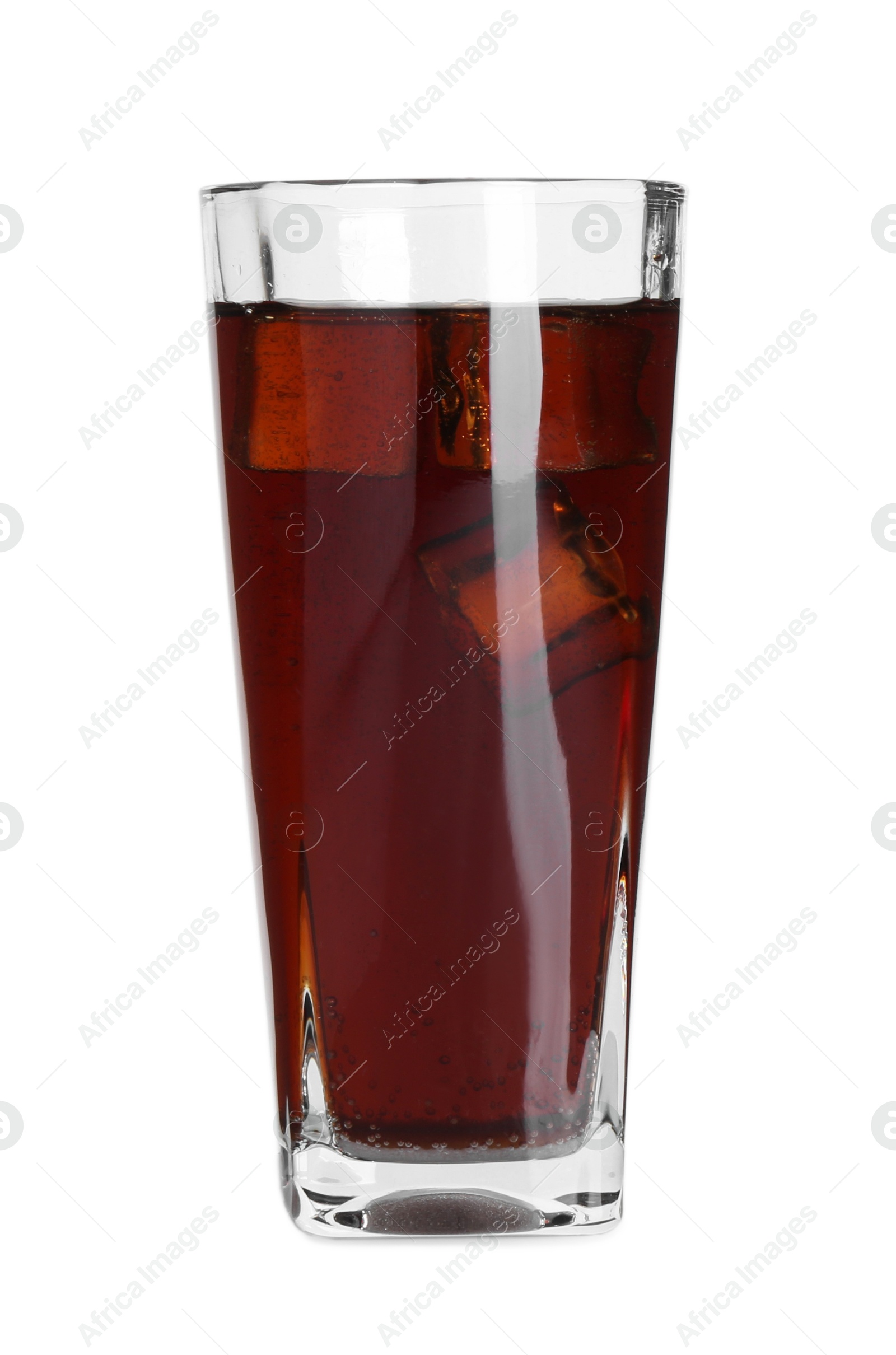 Photo of Sweet soda water with ice cubes in glass isolated on white