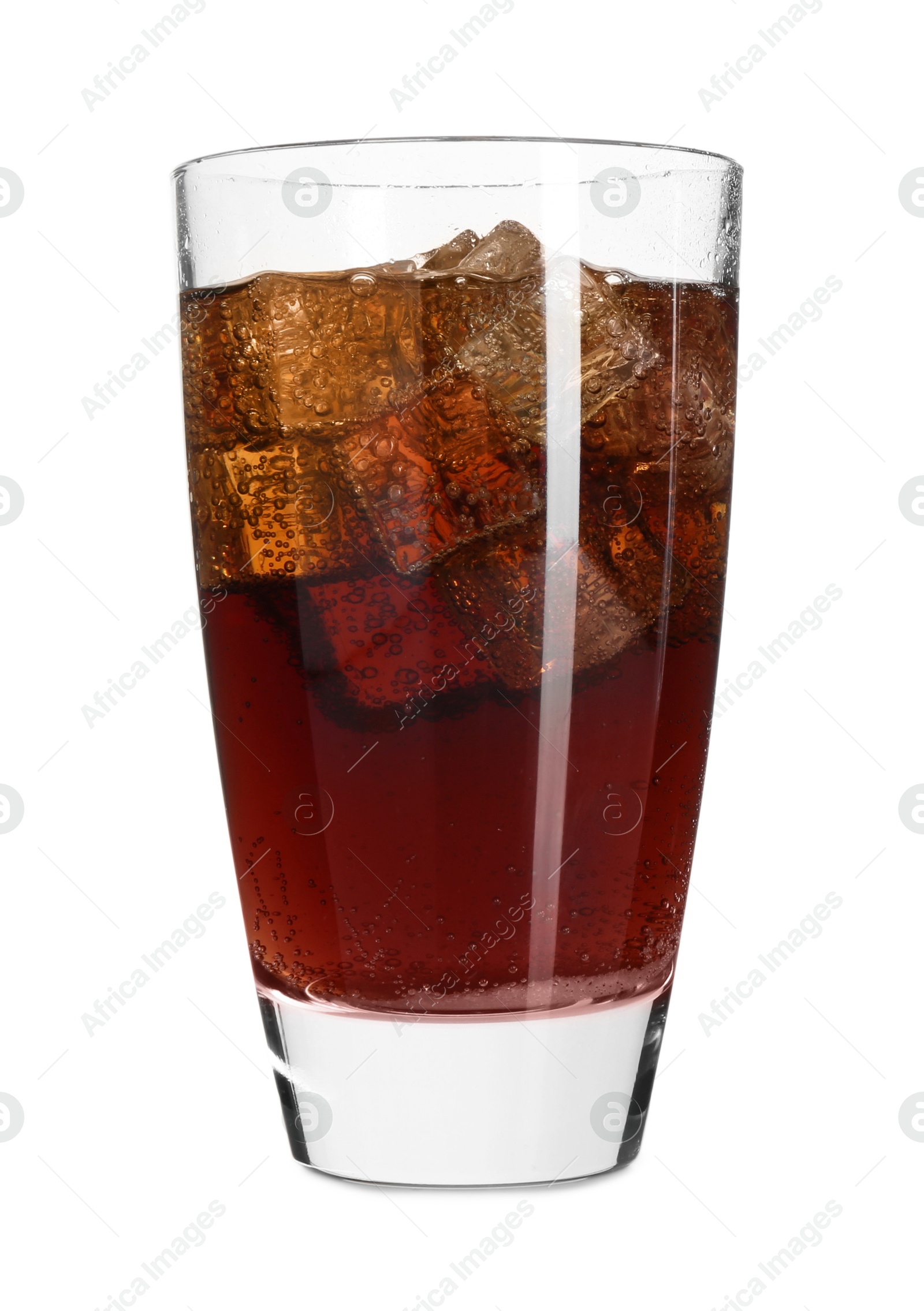 Photo of Sweet soda water with ice cubes in glass isolated on white