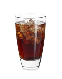 Photo of Sweet soda water with ice cubes in glass isolated on white