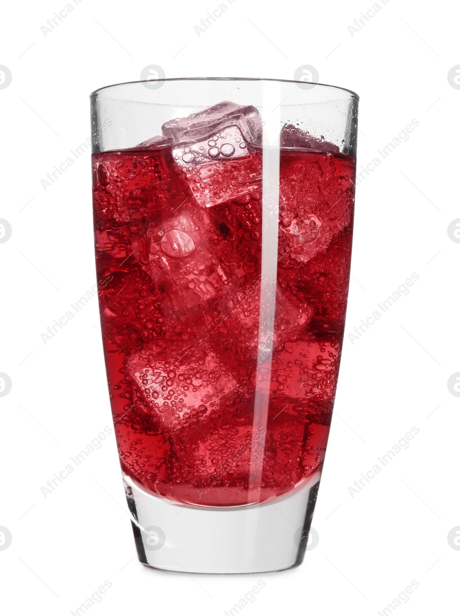 Photo of Sweet soda water with ice cubes in glass isolated on white