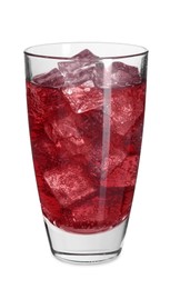 Photo of Sweet soda water with ice cubes in glass isolated on white